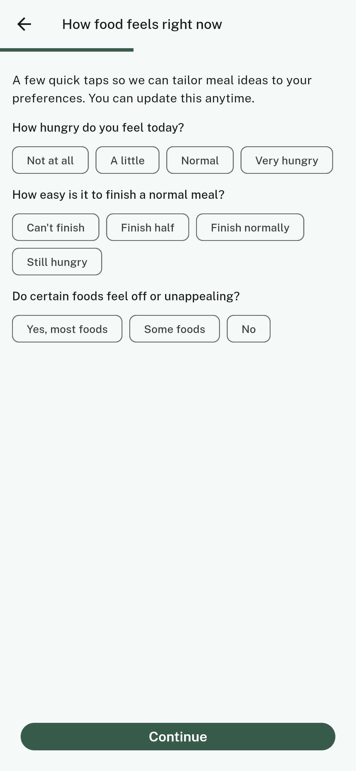 The “How food feels right now” screen with three questions about appetite and tolerance