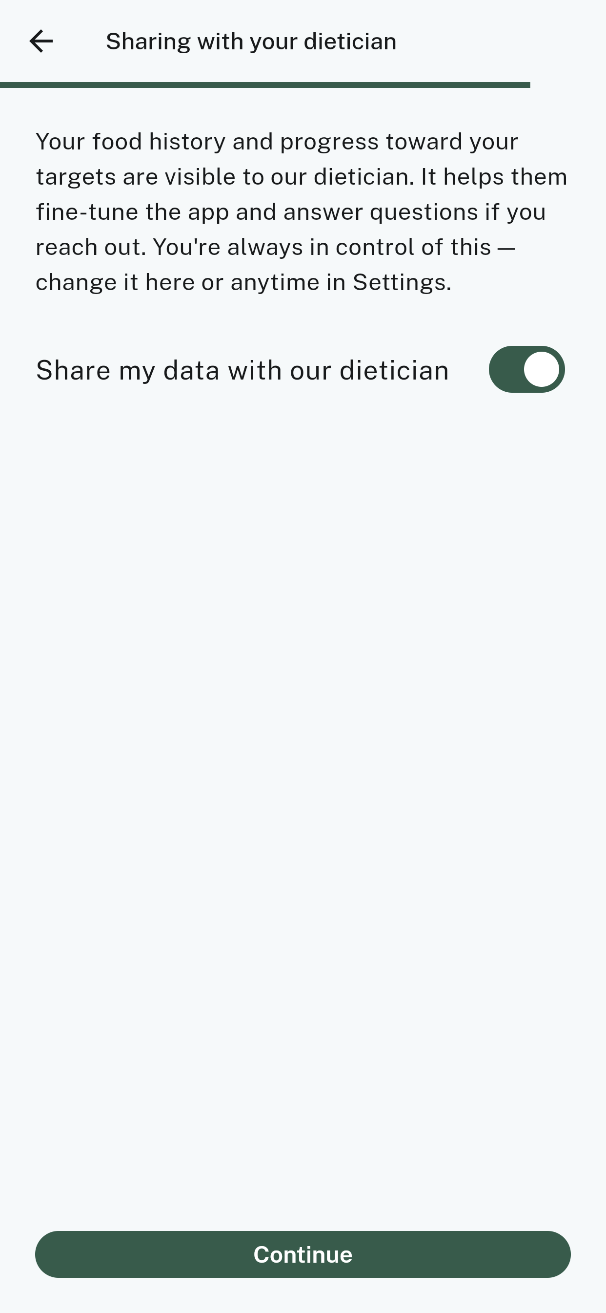 The sharing screen, with a single switch controlling whether your data is visible to the dietitian
