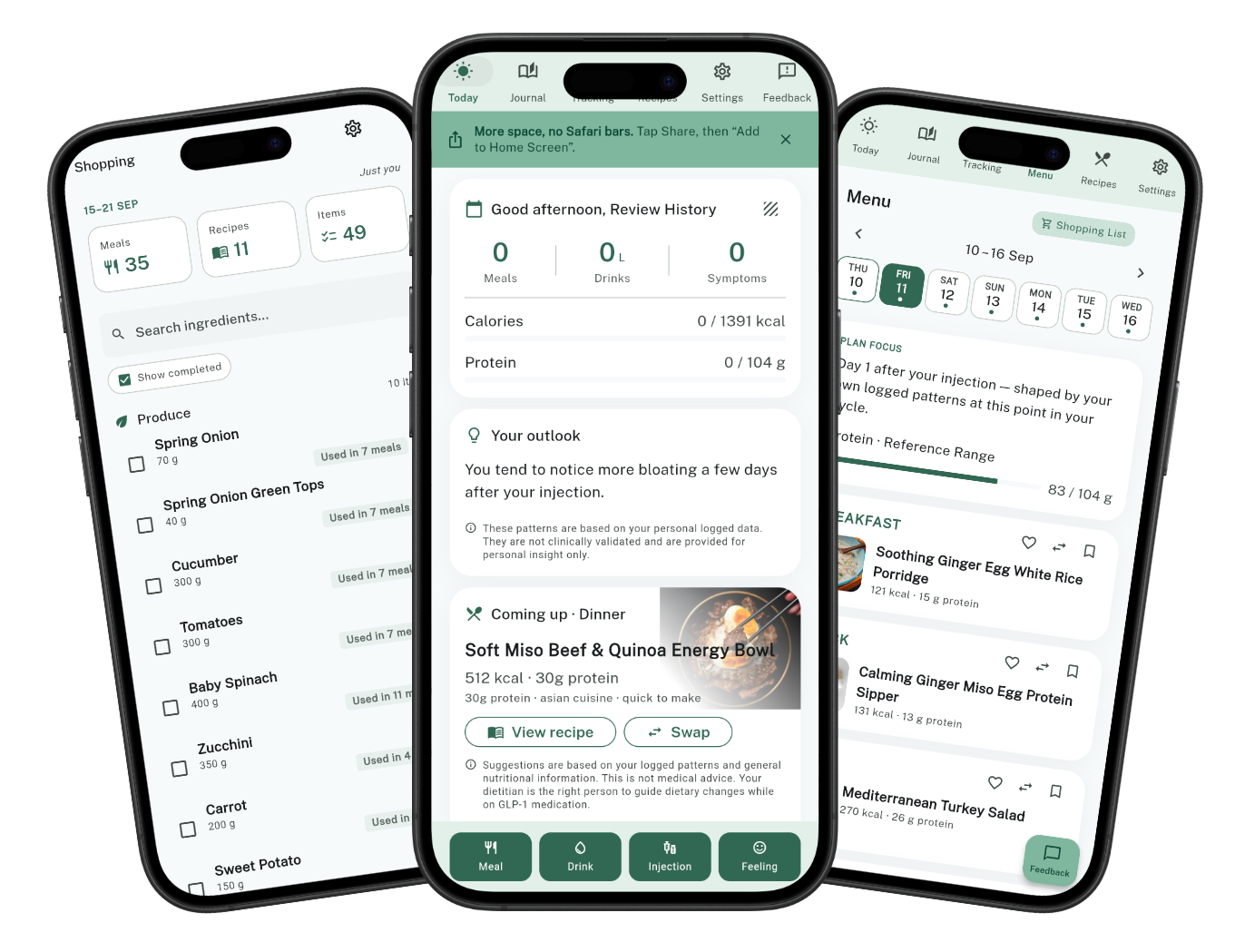 The Food Signals app showing the Today home and Journal timeline